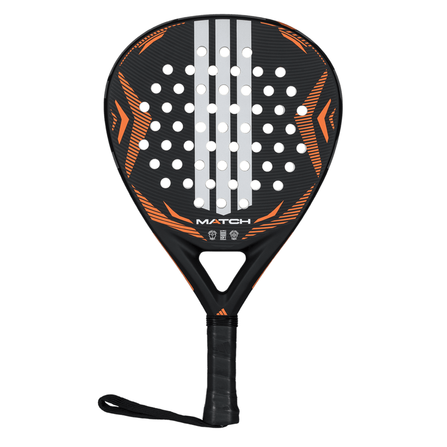 adidas Match 2026 padel racket (Black) — front face, all-round shape, black with orange stripes