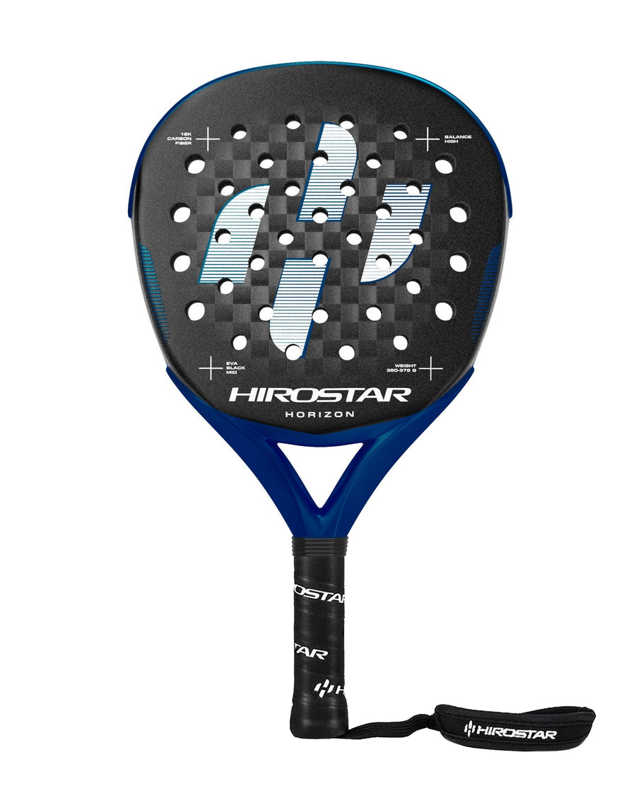 Hirostar Horizon 2026 padel racket — front face, 12K carbon with blue frame