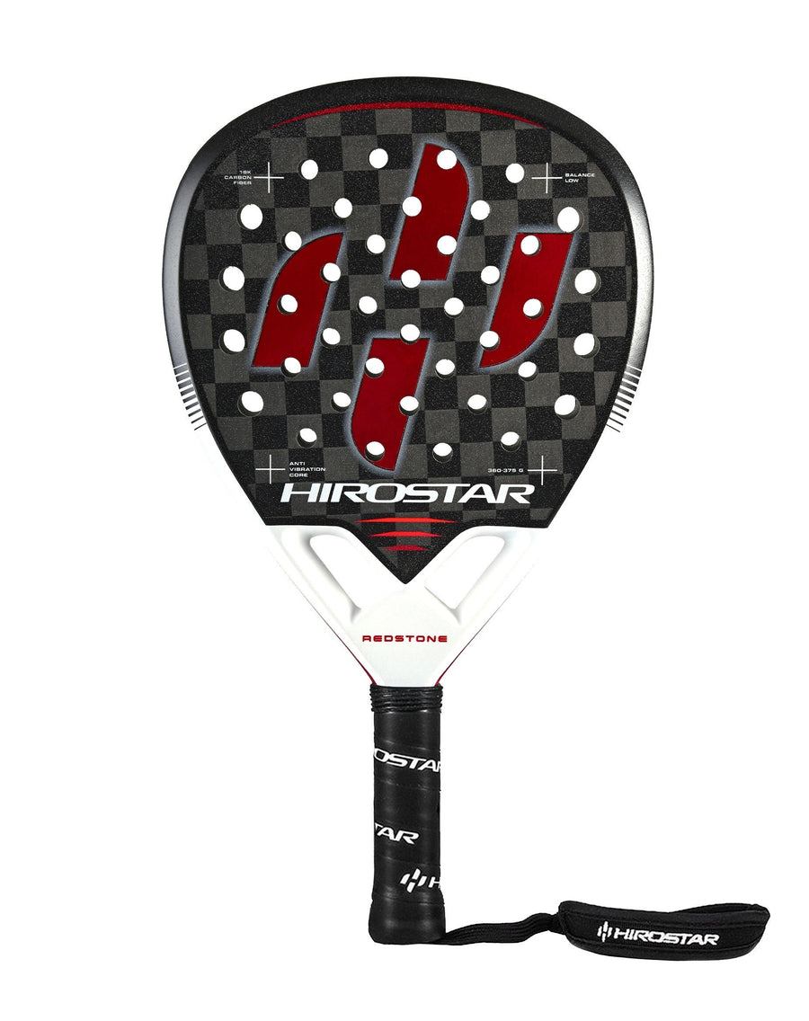Hirostar Redstone padel racket — front face, 18K carbon with red accents
