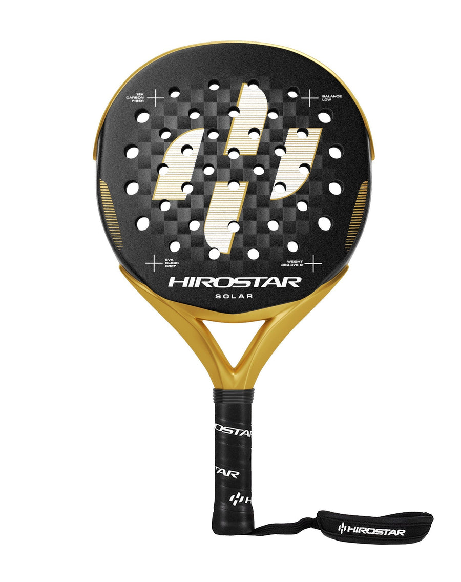 Hirostar Solar 2026 padel racket — front face, round shape with gold frame