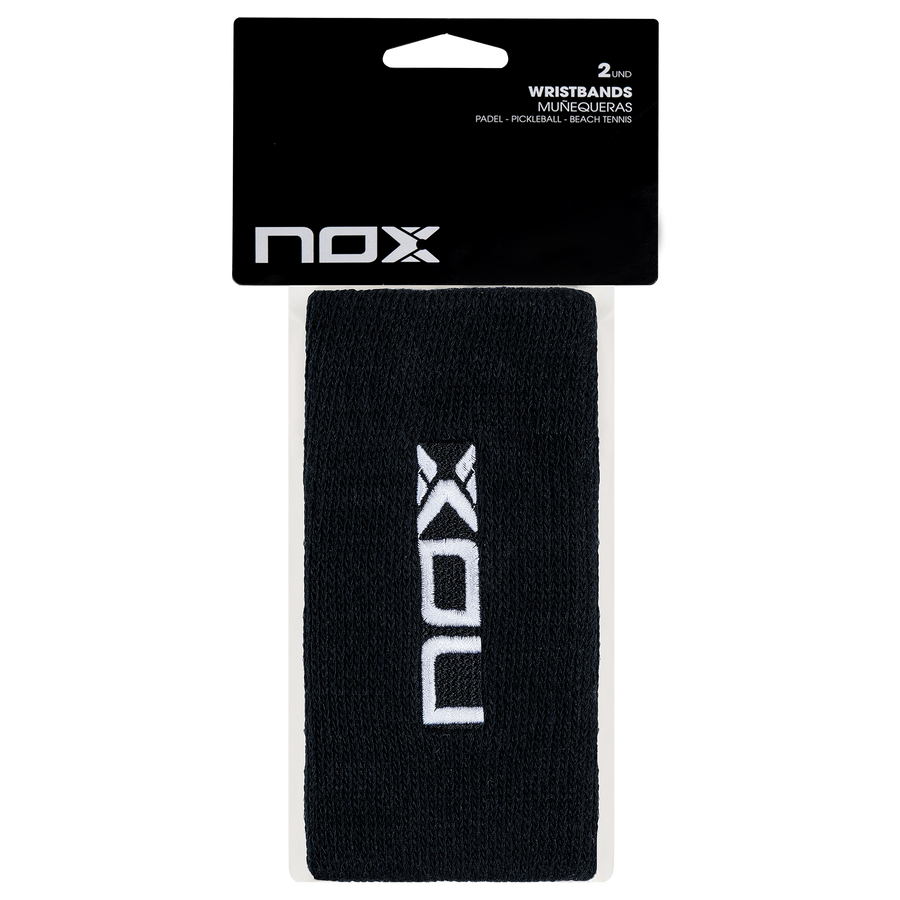 NOX long sports wristbands, black with white logo, pair