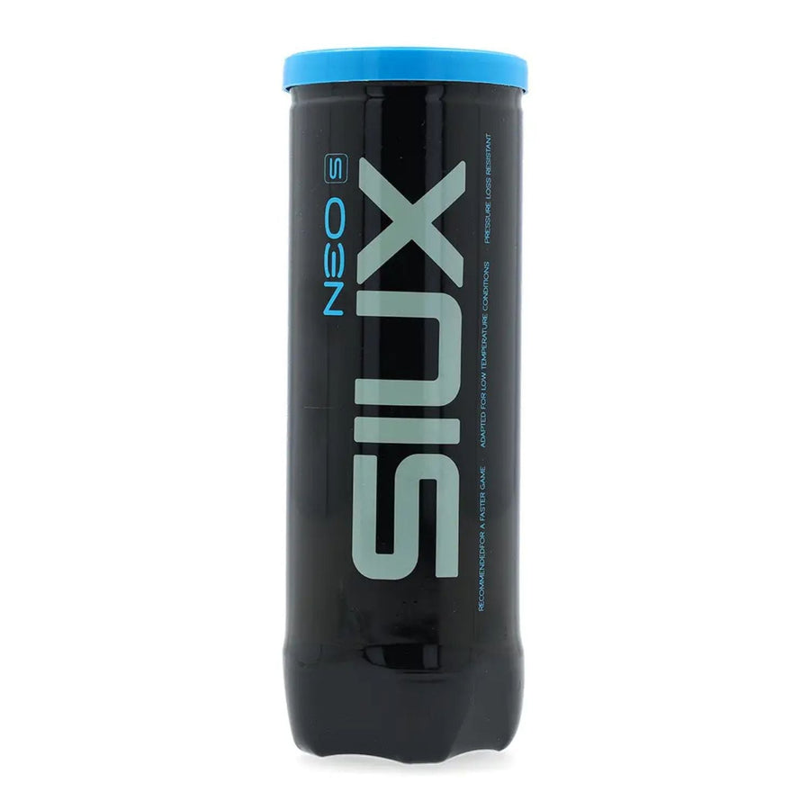 Siux Neo Speed padel balls — can of 3, black tube with blue lid