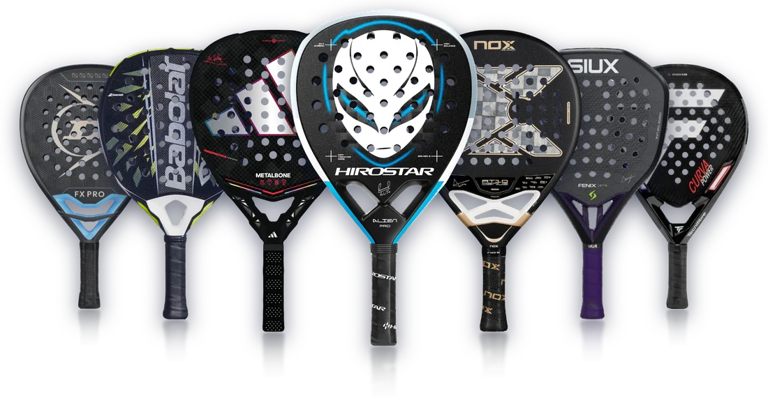 Seven padel rackets in an arc, one from each brand we stock: Dunlop FX Pro, Babolat Counter Viper 2.6, adidas Metalbone, Hirostar Alien Pro, NOX AT10 Genius, Siux Fenix Pro and Tecnifibre Curva Power