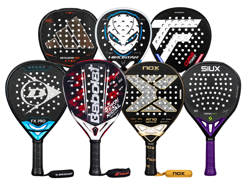 Seven padel rackets side by side: adidas Metalbone HRD+, Hirostar, Tecnifibre Curva Power, Dunlop FX Pro, Babolat Technical Viper, NOX AT10 Genius and Siux Fenix Pro