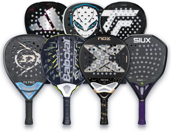 Seven padel rackets, one from each brand we stock: Dunlop FX Pro, Babolat Counter Viper 2.6, adidas Metalbone, Hirostar Alien Pro, NOX AT10 Genius, Siux Fenix Pro and Tecnifibre Curva Power