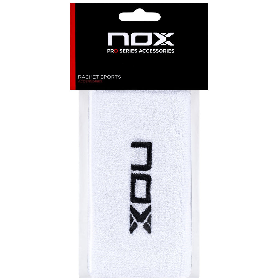 NOX long sports wristbands, white with black logo, pair
